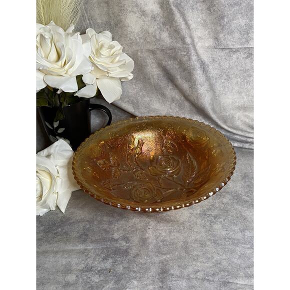 Iridescent Carnival Glass Bowl Orange Marigold Gold Fumed 9" Unmarked Vtg 50s - Picture 6 of 9